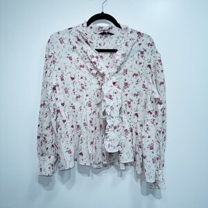 New‎ Sister Jane White Floral Ruffle Tie Neckline Blouse Size Medium